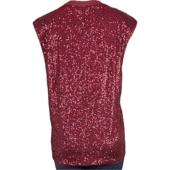 Timing L Red Wine Sequin Crew Knit Neck Padded Shoulders Sleeveless Tank Blouse - Picture 4 of 6